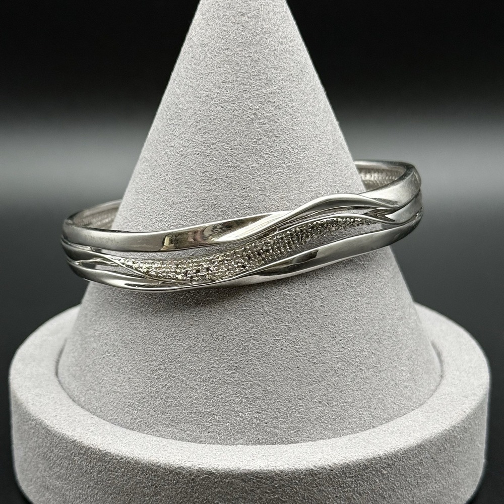 DL Bronze Silver Tone Open Bypass Cuff Bracelet Wavy Textured Modernist Signed